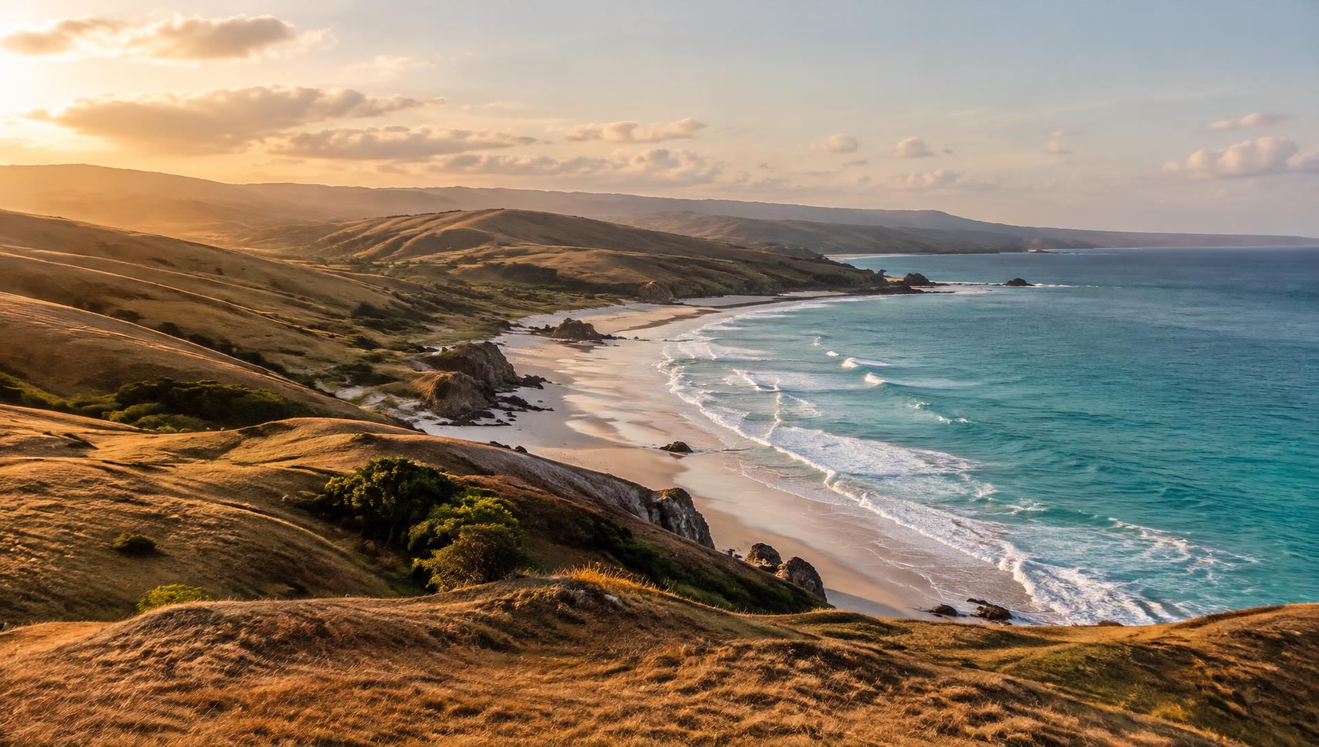 Golden savannah hills meeting a turquoise ocean on Sumba